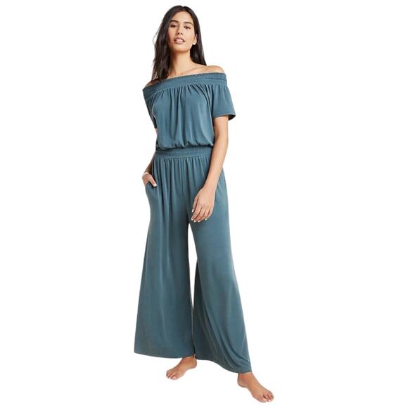 Anthropologie Pants - Anthropologie Rebecca Smocked Wide Leg Jumpsuit Teal Women’s Medium Off Shoulder
